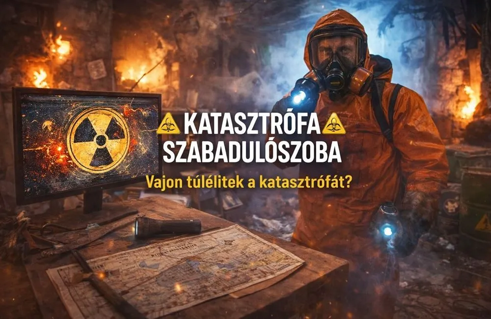 Védőruhás túlélő sugárveszély-jelzéssel – Katasztrófa szabadulószoba